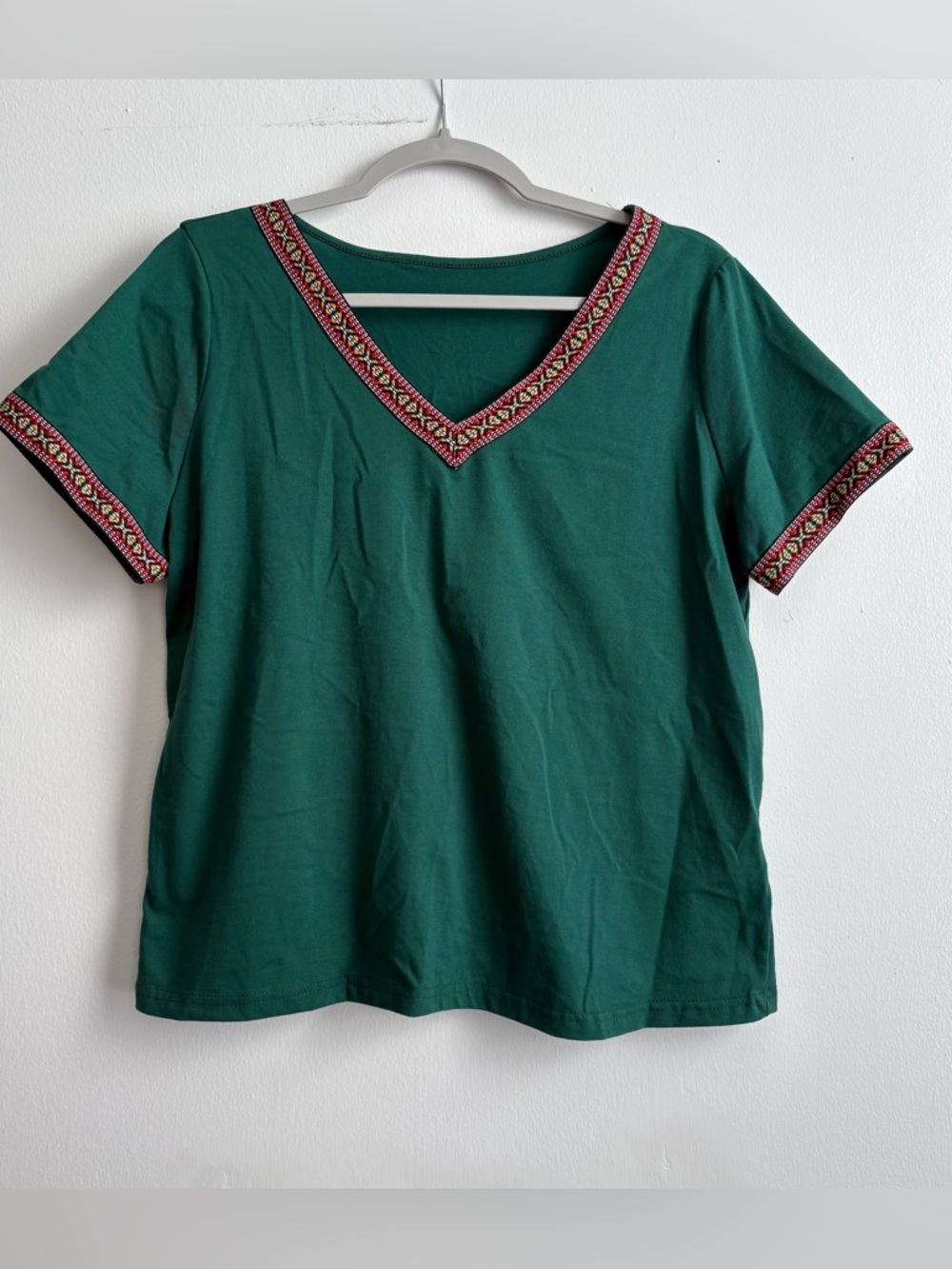 SHEIN Green V-Neck Short Sleeve Top with Embroidered Trim